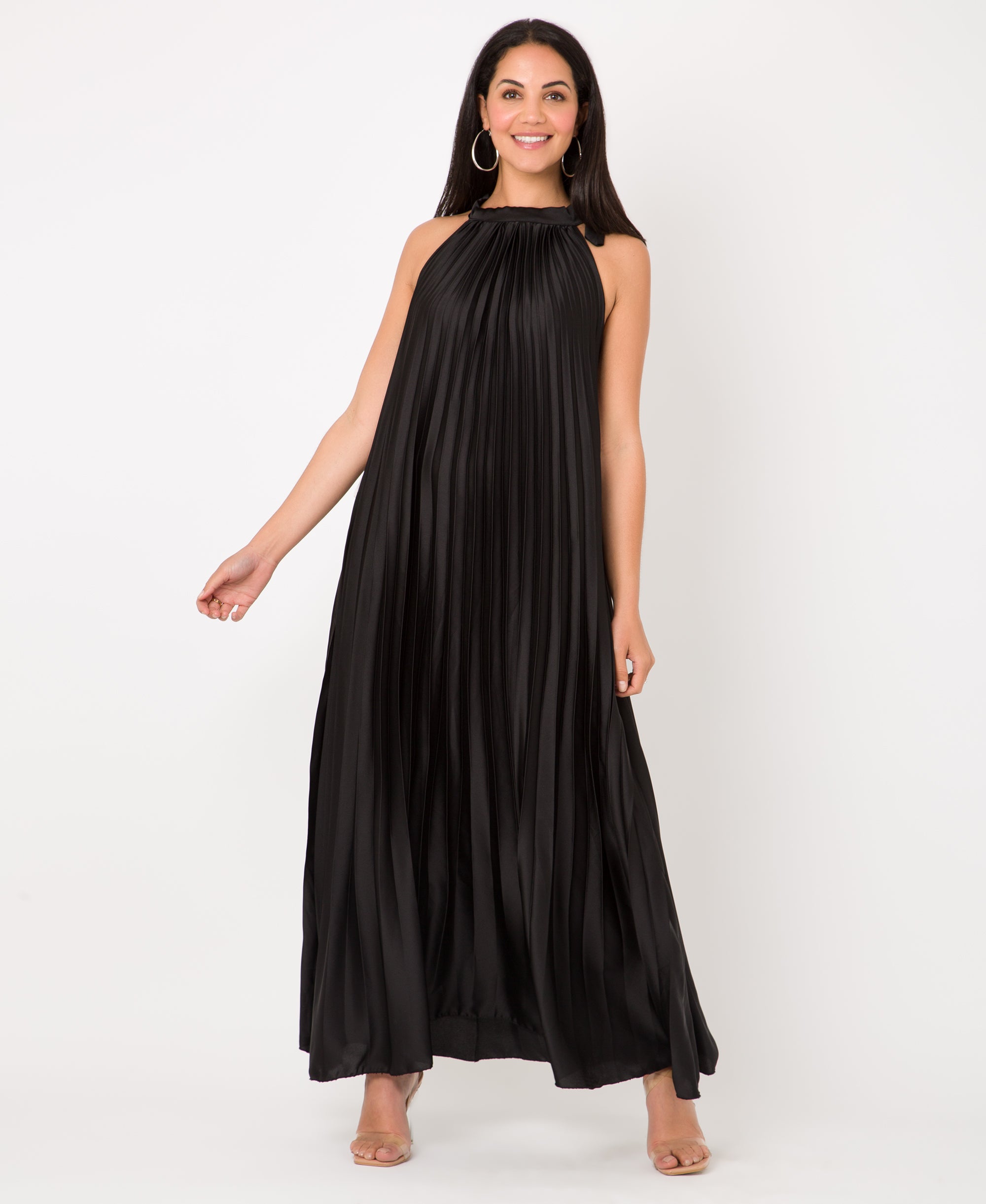 KRISP Plain Pleated Satin Halterneck Maxi Dress (11111)